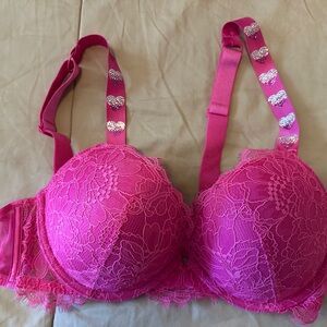 Victoria's Secret Hot Pink Lace Push-Up Bra with Heart-Strap Accents